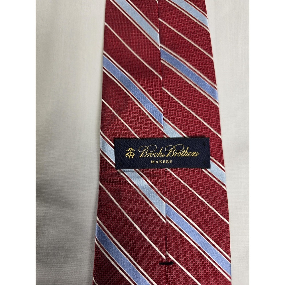 Brooks Brothers Tie Mens Burgundy Red Blue Striped Repp Necktie Classic Makers - Picture 4 of 5